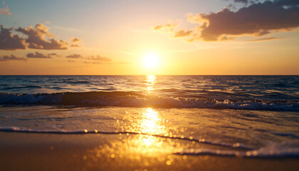 Sunset ocean beach waves landscape.