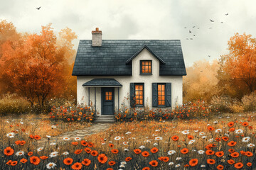 House surrounded by field of flowers.