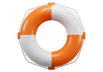 Bright orange and white life buoy ring with white rope isolated on transparent background
