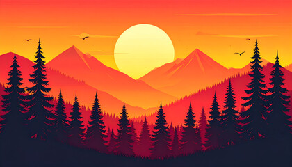 Sunset Mountain Forest Silhouette.