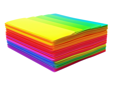 A thick stack of paper sheets fanned out in a rainbow gradient, isolated on a transparent background.