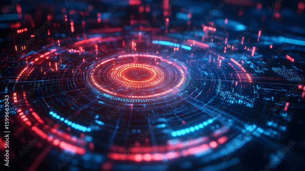 Poster abstract technology background with glowing neon circle and digital elements