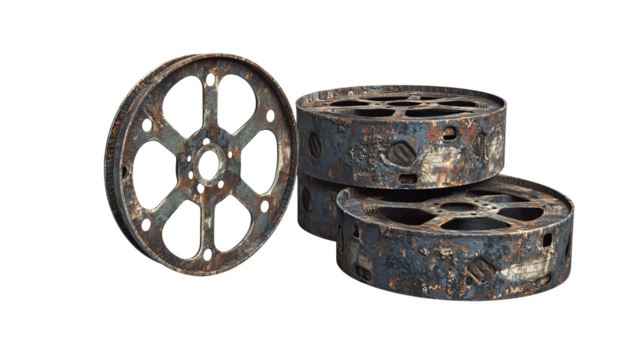 Stacked and single rusted film reels, isolated on transparent background - Powered by Adobe
