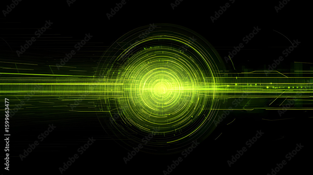 Poster abstract technology background with green glowing lines and concentric circles