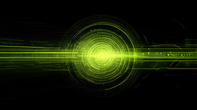 Abstract technology background with green glowing lines and concentric circles - Powered by Adobe