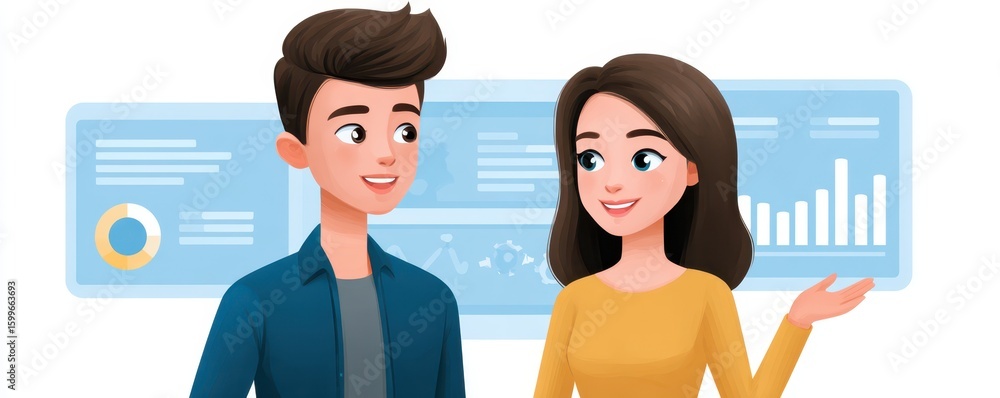 Poster a young man and woman discuss data and charts, standing in front of a digital screen displaying grap