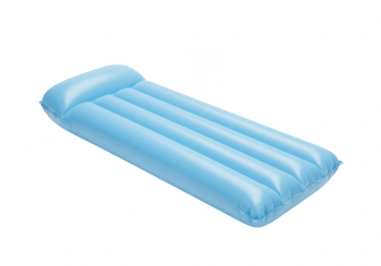 A light blue inflatable pool float with a pillow rest isolated on transparent background