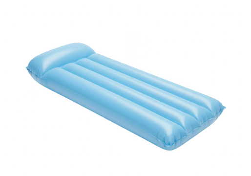A light blue inflatable pool float with a pillow rest isolated on transparent background