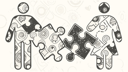 Obraz premium Man and woman puzzle pieces connecting together with doodle art inside the shapes on a white background silhouette