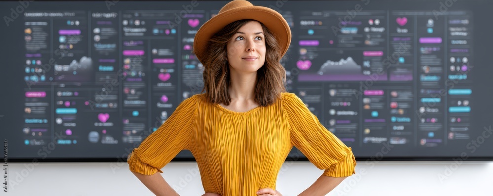 Poster a confident woman in a mustard yellow dress and hat stands with hands on hips in front of a large di