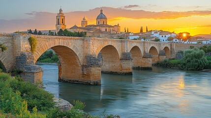 Obraz premium Ancient stone bridge over a river at sunset