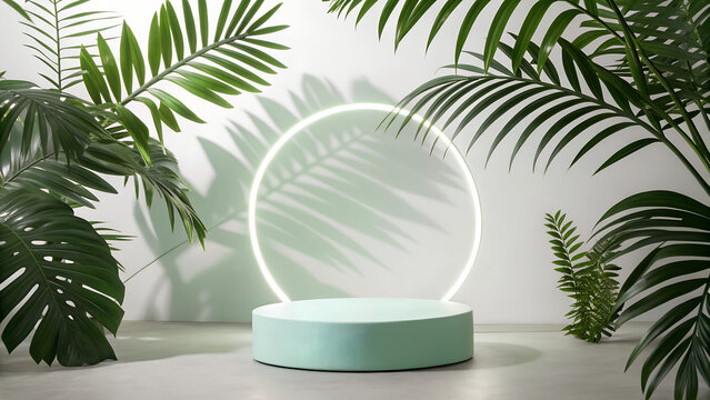 Minimalist product display pedestal surrounded by lush tropical greenery and soft neon light
