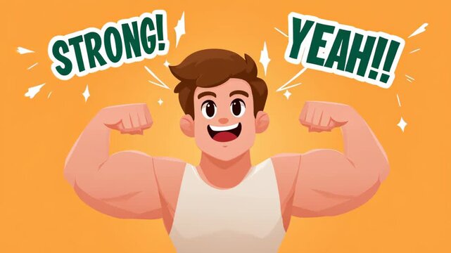 A joyful cartoon character with visible muscles, smiling proudly while flexing in an energetic and playful style.