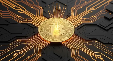 A golden bitcoin coin rests on a dark circuit board with glowing orange lines, symbolizing digital finance and cryptocurrency technology