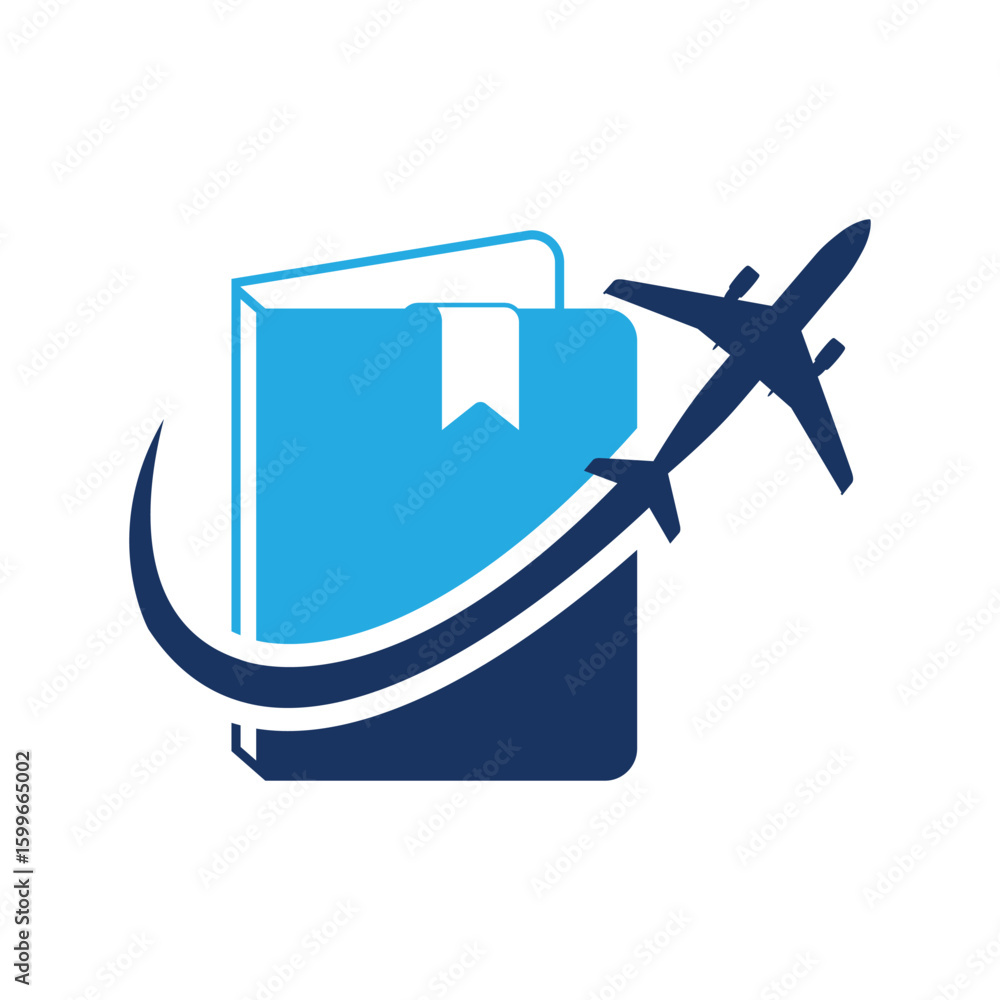 Poster the image shows a logo design of a blue book with an airplane flying though it creating a swoosh lin