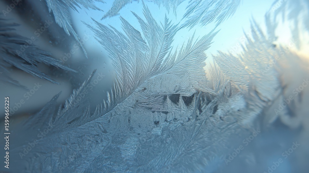 Poster intricate frost patterns on a window pane.