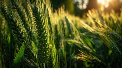 Close-up of wheat stalks in a field.