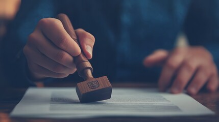 Person s hand stamping document with official seal close up