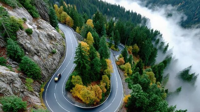 Winding Road Through Mountainous Terrain: A serpentine road gracefully carves its way through a lush, verdant mountain landscape, with dense forests and patches of vibrant autumnal hues.