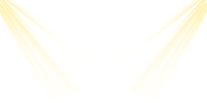 Two golden yellow light rays shining down. A subtle spotlight effect for adding a warm glow or highlighting content. Isolated on transparent background for creative design, PNG cutout.