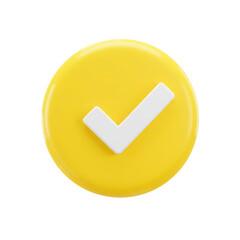 A 3d rendered white checkmark symbol prominently displayed on a vibrant yellow circular button isolated on transparent background