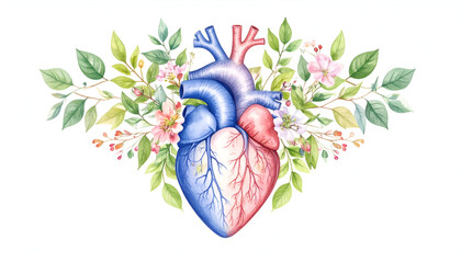 Watercolor Heart Anatomy Floral Design.