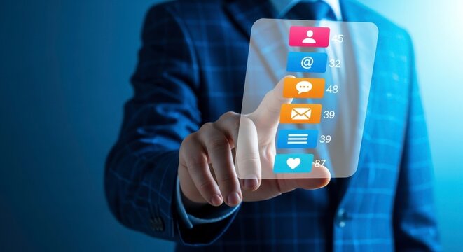A man in a suit is touching a virtual screen displaying social media notification icons and numbers