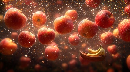 Apples and bananas in a surreal, floating scene
