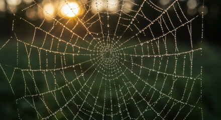 Obraz premium A delicate spiderweb covered in glistening dew drops, with a golden sunrise glowing softly in the background.
