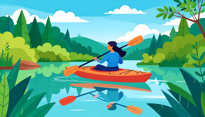 Woman Kayaking Scenic River.