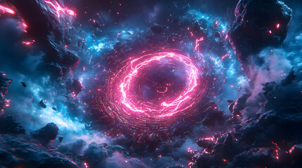 Dramatic cosmic gateway with vibrant pink and blue energy swirling vortex