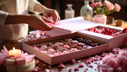 Woman packaging pink rose chocolates.