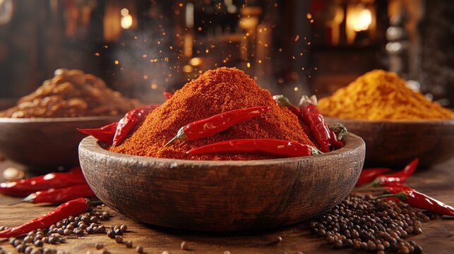 Aromatic chili powder in wooden bowl surrounded by other spices - Powered by Adobe