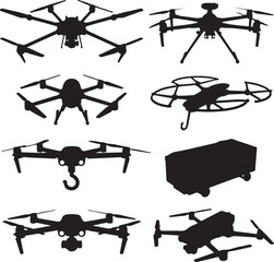 Multiple drone silhouettes with cargo quadcopter aerial vehicle