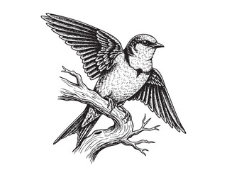 Detailed vector illustration of a swallow perched on a branch, capturing its delicate beauty. Bird.