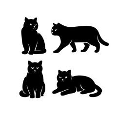British Shorthair Cat Silhouette Vector Set – Sitting, Walking, Lying Down Poses