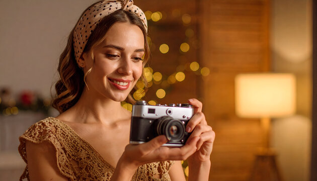 Woman reviewing photos with cozy home.