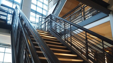Obraz premium Modern staircase with sleek steel railing and light play