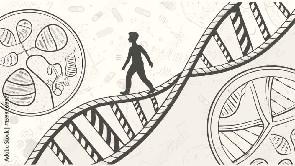 Poster silhouette of a person walking on a dna strand with cells and microscopic elements in the background