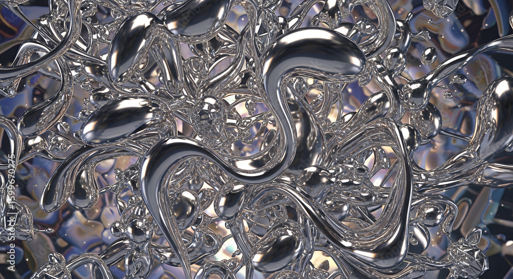 Fototapete abstract close-up showcasing a swirling, reflective surface with fluid-like shapes and metallic text