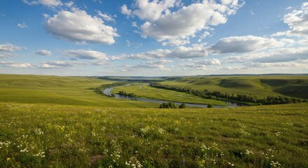 Wide Open Natural Landscape with Rolling Green Hills and Blue Sky – Peaceful Countryside Scenery with Scattered Clouds, Ideal for Nature, Travel, and Outdoor Themes, High-Resolution Photography