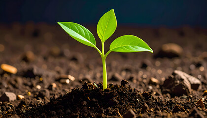 Young plant sprout in dark soil.