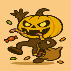 Jumping pumpkin with glowing eyes, candy worms crawling from its mouth, hurling candies from a sack in a creepy-cute cartoon style.