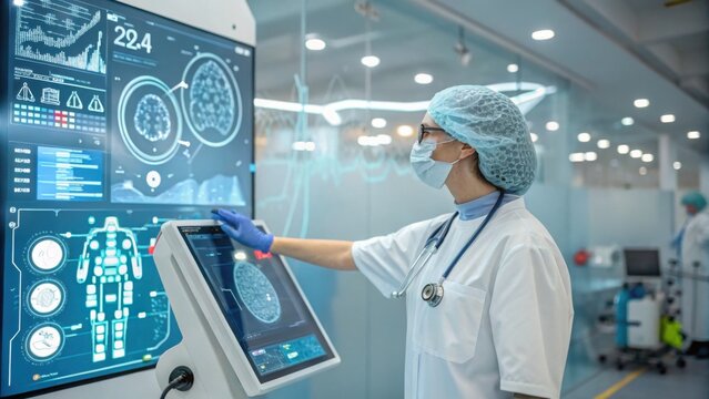 A dedicated doctor analyzes complex patient data on a futuristic interface in a modern sterile lab - Powered by Adobe
