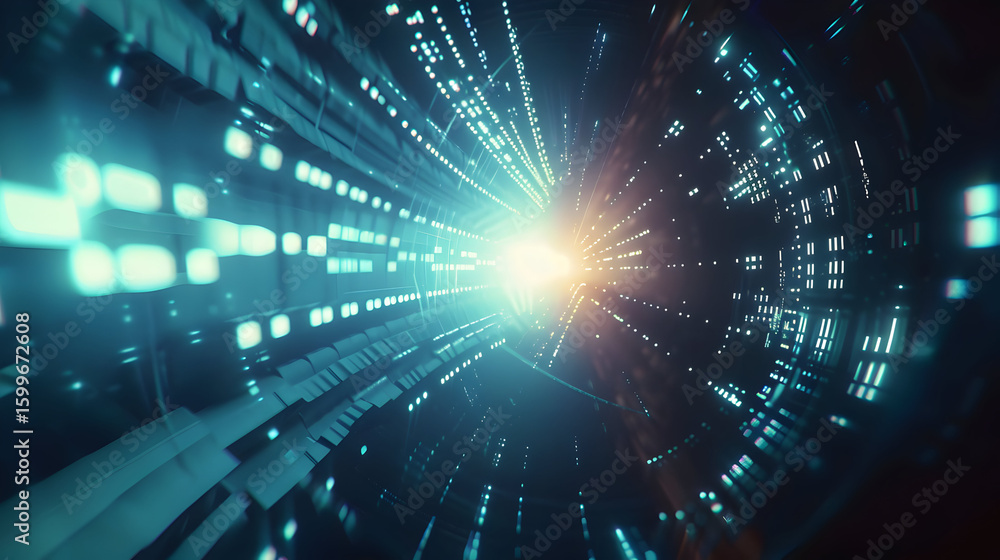 Poster futuristic data tunnel with glowing light, representing connectivity and speed