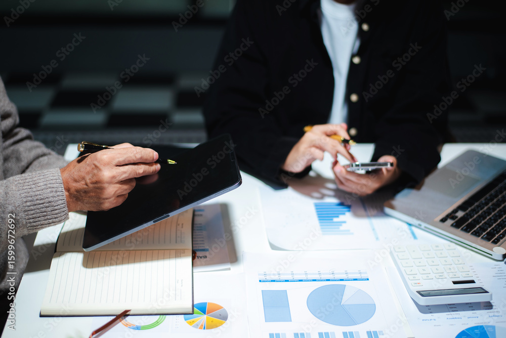 Poster business people talking discussing with financial document data charts and graphs team business meet