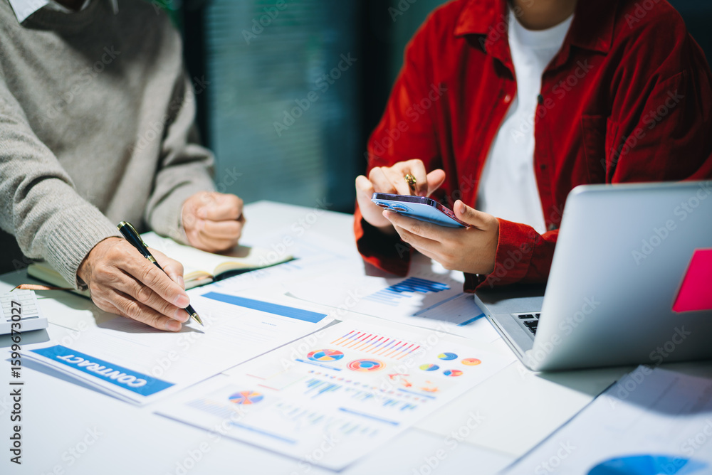 Poster business people talking discussing with financial document data charts and graphs team business meet
