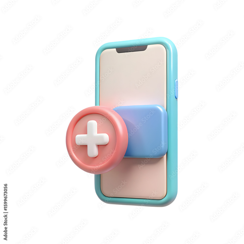 Poster 3d render of a smartphone with a plus icon and blue element isolated on transparent background