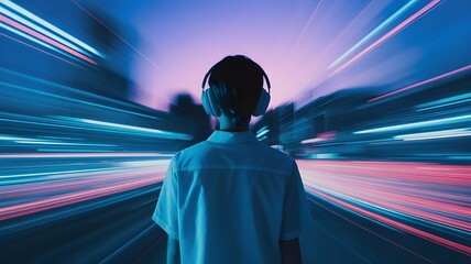 Futuristic City Vibes: Person with Headphones in Neon Light Speed Tunnel at Dusk