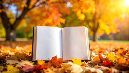 Open book with autumn leaves, and park.